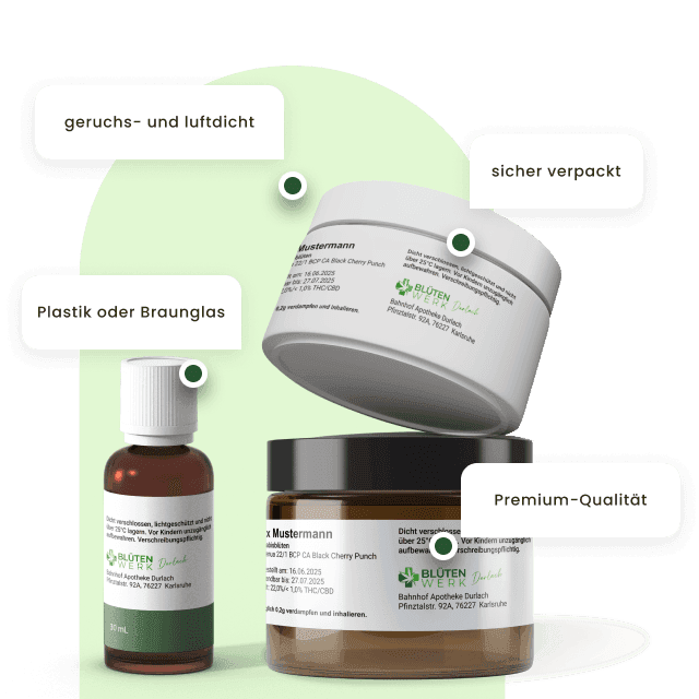 Verpackung und Etiketten medizinischer Cannabisprodukte oder etwas SEO-freundlicher: > Packmittel und Produktverpackungen von Blütenwerk Durlach